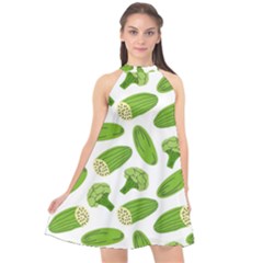 Vegetable Pattern With Composition Broccoli Halter Neckline Chiffon Dress  by pakminggu