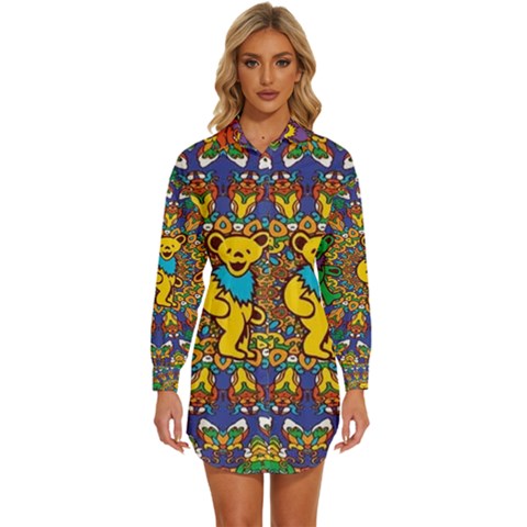 Dead Dancing Bears Grateful Dead Pattern Womens Long Sleeve Shirt Dress by Grandong