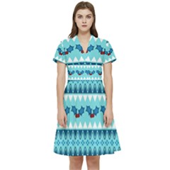 Blue Christmas Vintage Ethnic Seamless Pattern Short Sleeve Waist Detail Dress by Bedest