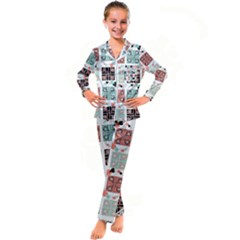 Mint Black Coral Heart Paisley Kids  Satin Long Sleeve Pajamas Set by Bedest