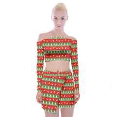 Christmas-papers-red-and-green Off Shoulder Top With Mini Skirt Set by Bedest