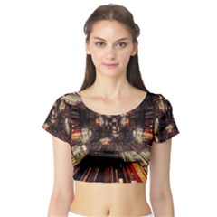 Library-tunnel-books-stacks Short Sleeve Crop Top by Bedest