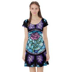 Cathedral Rosette Stained Glass Beauty And The Beast Short Sleeve Skater Dress by Cowasu