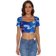 Starry Night In New York Van Gogh Manhattan Chrysler Building And Empire State Building Short Sleeve Square Neckline Crop Top  by Sarkoni