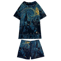 Castle Starry Night Van Gogh Parody Kids  Swim T-shirt And Shorts Set by Sarkoni