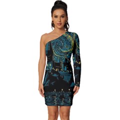 Castle Starry Night Van Gogh Parody Long Sleeve One Shoulder Mini Dress by Sarkoni