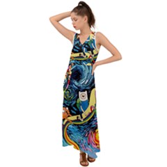 Cartoon Parody  Art Starry Night Van Gogh V-neck Chiffon Maxi Dress by Sarkoni