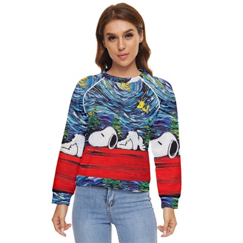 Dog Cartoon Vincent Van Gogh s Starry Night Parody Women s Long Sleeve Raglan T-shirt by Sarkoni