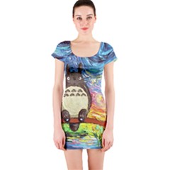 Cartoon Starry Night Art Van Gogh Parody Short Sleeve Bodycon Dress by Sarkoni