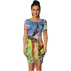 Cartoon Starry Night Art Van Gogh Parody Fitted Knot Split End Bodycon Dress by Sarkoni