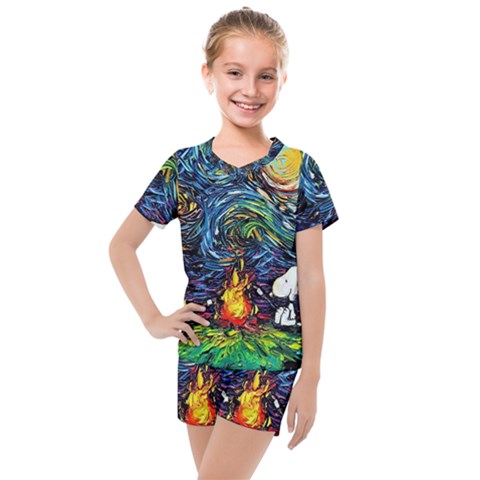 Dog Cartoon Starry Night Print Van Gogh Parody Kids  Mesh T-shirt And Shorts Set by Sarkoni