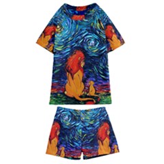 Lion Art Starry Night Van Gogh Kids  Swim T-shirt And Shorts Set by Sarkoni