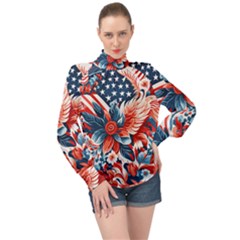 America Pattern High Neck Long Sleeve Chiffon Top by Valentinaart