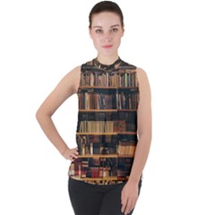 Books On Bookshelf Assorted Color Book Lot In Bookcase Library Mock Neck Chiffon Sleeveless Top by Ravend