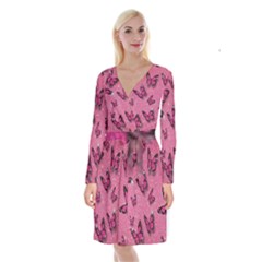 Pink Glitter Butterfly Long Sleeve Velvet Front Wrap Dress by Ndabl3x