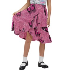 Pink Glitter Butterfly Kids  Ruffle Flared Wrap Midi Skirt by Ndabl3x