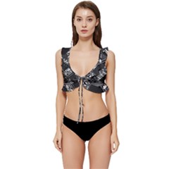 Black And Gray Circuit Board Computer Microchip Digital Art Low Cut Ruffle Edge Bikini Top by Bedest