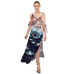 Blue And Brown Flower 3d Abstract Fractal Maxi Chiffon Cover Up Dress by Bedest