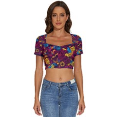 Psychedelic Digital Art Colorful Flower Abstract Multi Colored Short Sleeve Square Neckline Crop Top  by Bedest