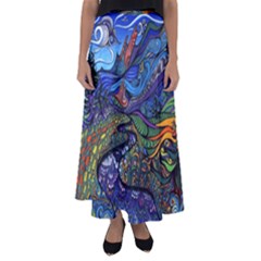 Multicolored Abstract Painting Artwork Psychedelic Colorful Flared Maxi Skirt by Bedest