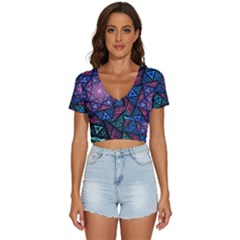 Purple Psychedelic Art Pattern Mosaic Design Fractal Art V-neck Crop Top by Bedest