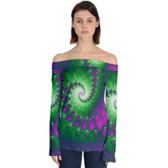 Fractal Spiral Purple Art Green Art Off Shoulder Long Sleeve Top by Proyonanggan