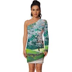 Anime Scenery Landscape Long Sleeve One Shoulder Mini Dress by Sarkoni