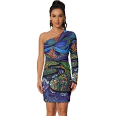 Psychedelic Landscape Long Sleeve One Shoulder Mini Dress by Sarkoni