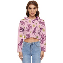 Pink Tigers And Tropical Leaves Patern Women s Lightweight Cropped Hoodie by Sarkoni