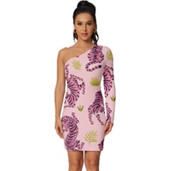 Pink Tigers And Tropical Leaves Patern Long Sleeve One Shoulder Mini Dress by Sarkoni