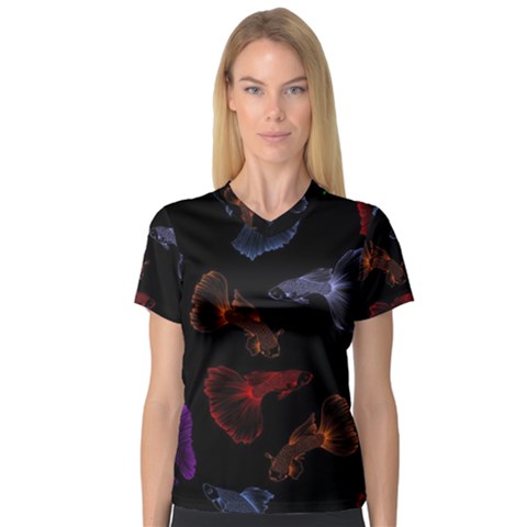 Vector Aquarium Guppies Seamless Fish Pattern With Black Background V-neck Sport Mesh T-shirt by Grandong