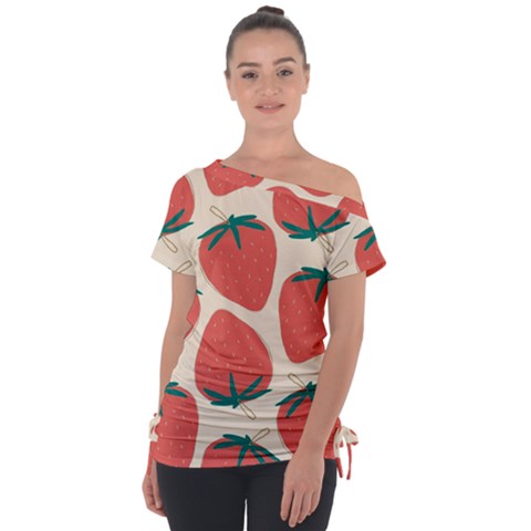 Seamless Strawberry Pattern Vector Off Shoulder Tie-up T-shirt by Grandong