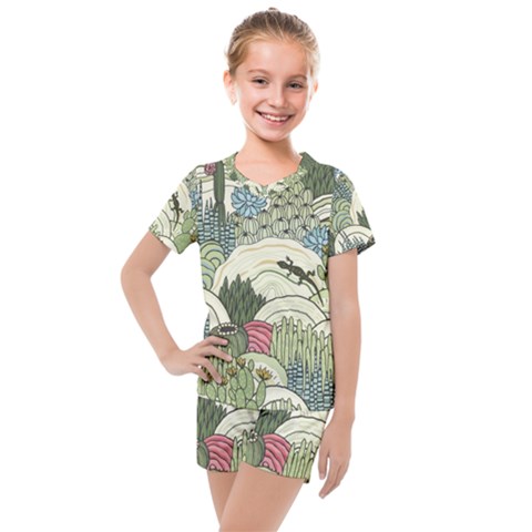 Playful Cactus Desert Landscape Illustrated Seamless Pattern Kids  Mesh T-shirt And Shorts Set by Grandong