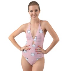 Cute Cat Cartoon Doodle Seamless Pink Pattern Halter Cut-out One Piece Swimsuit by Grandong