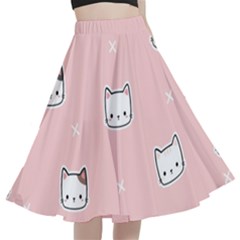 Cute Cat Cartoon Doodle Seamless Pink Pattern A-line Full Circle Midi Skirt With Pocket by Grandong