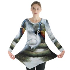 Canvas Oil Painting Two Peacock Long Sleeve Tunic  by Grandong