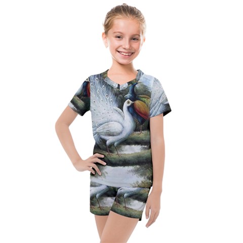 Canvas Oil Painting Two Peacock Kids  Mesh T-shirt And Shorts Set by Grandong