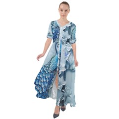 Chinese Style 3d Embossed Blue Peacock Oil Painting Waist Tie Boho Maxi Dress by Grandong