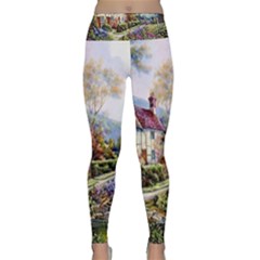 Colorful Cottage River Colorful House Landscape Garden Beautiful Painting Lightweight Velour Classic Yoga Leggings by Grandong