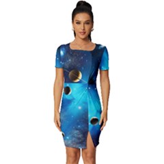 3d Universe Space Star Planet Fitted Knot Split End Bodycon Dress by Grandong