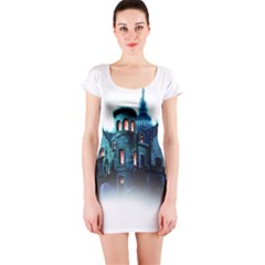 Blue Castle Halloween Horror Haunted House Short Sleeve Bodycon Dress by Sarkoni