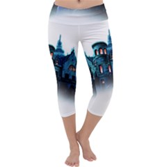 Blue Castle Halloween Horror Haunted House Capri Yoga Leggings by Sarkoni