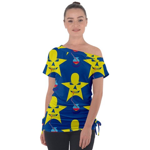 Blue Yellow October 31 Halloween Off Shoulder Tie-up T-shirt by Ndabl3x