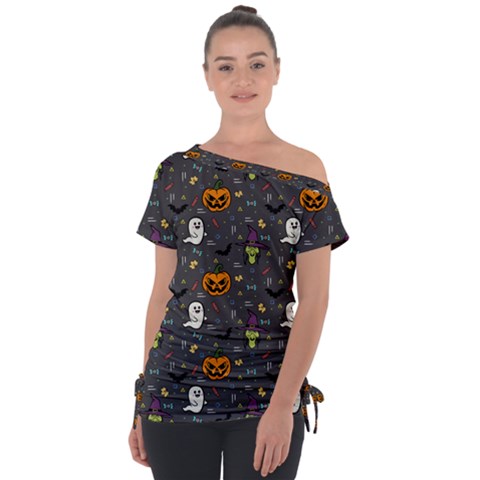 Halloween Bat Pattern Off Shoulder Tie-up T-shirt by Ndabl3x