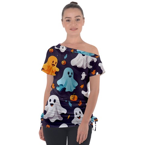 Ghost Pumpkin Scary Off Shoulder Tie-up T-shirt by Ndabl3x