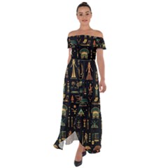 Hieroglyphs Space Off Shoulder Open Front Chiffon Dress by Ndabl3x