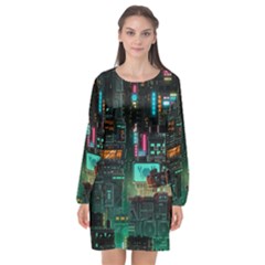 Video Game Pixel Art Long Sleeve Chiffon Shift Dress  by Sarkoni