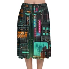 Video Game Pixel Art Velvet Flared Midi Skirt by Sarkoni