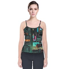 Video Game Pixel Art Velvet Spaghetti Strap Top by Sarkoni