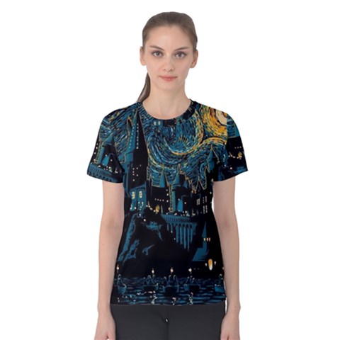 Hogwarts Starry Night Van Gogh Women s Cotton T-shirt by Sarkoni